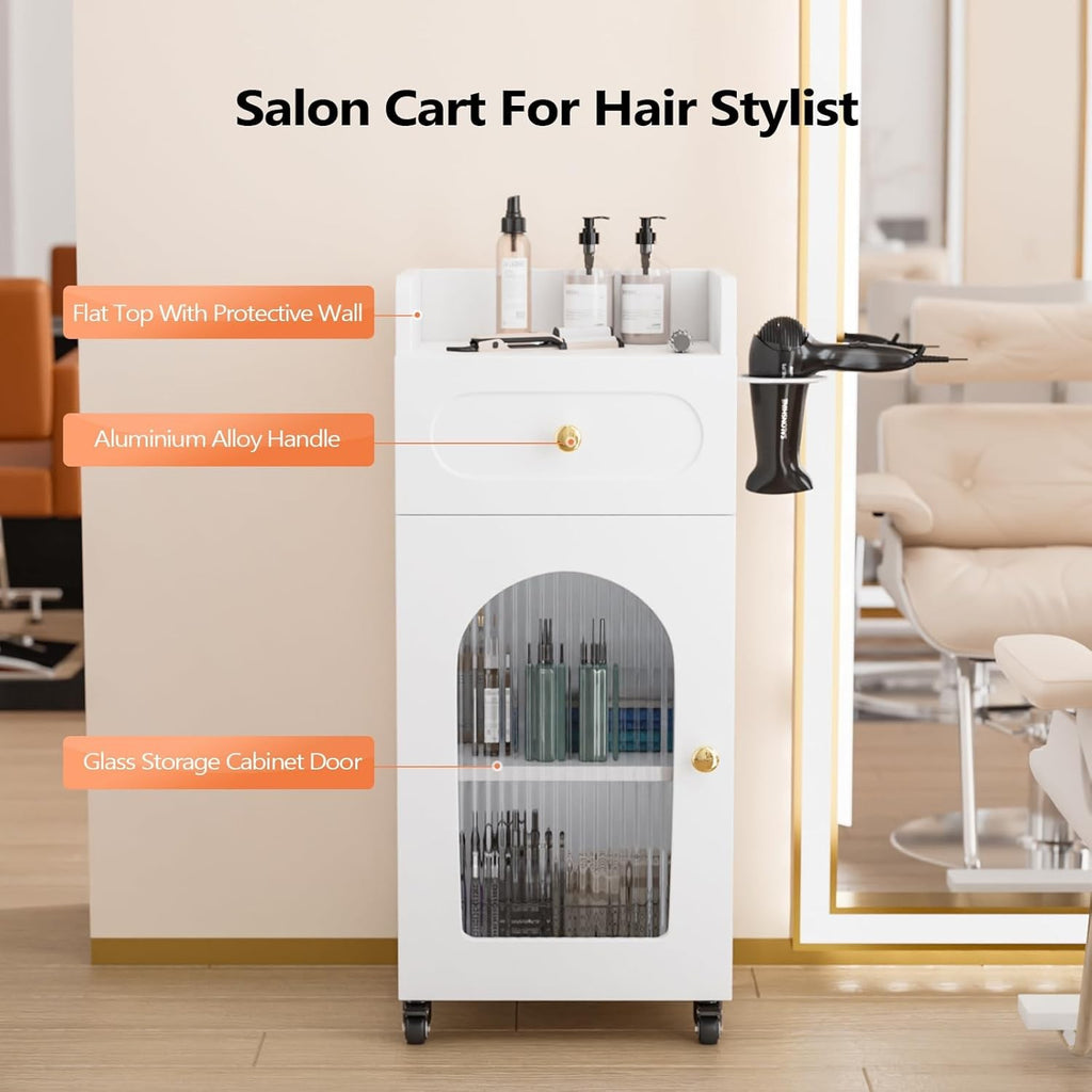 Salon Trolley Cart with Glass Door & Adjustable Shelves for Barber & Beauty Spa