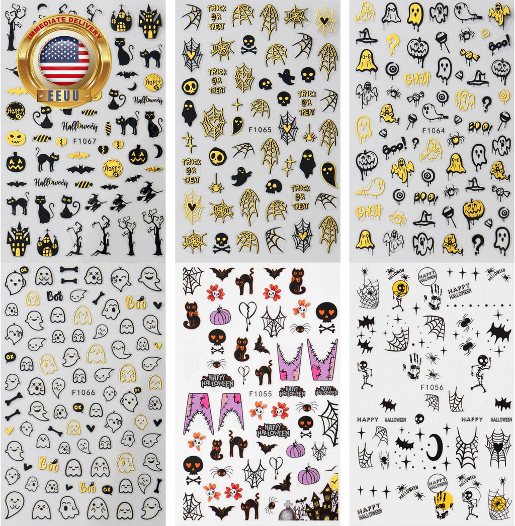 Halloween Ghost Nail Stickers - 3D Self-Adhesive Gold & Black Decals for Nail Art