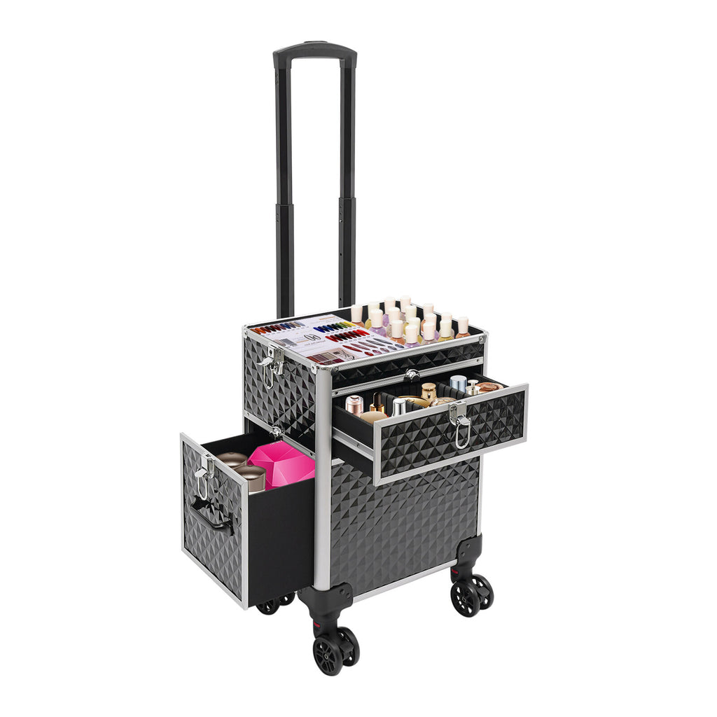 Rolling Makeup Case Travel Cosmetic Storage Trolley with Lock & Wheels