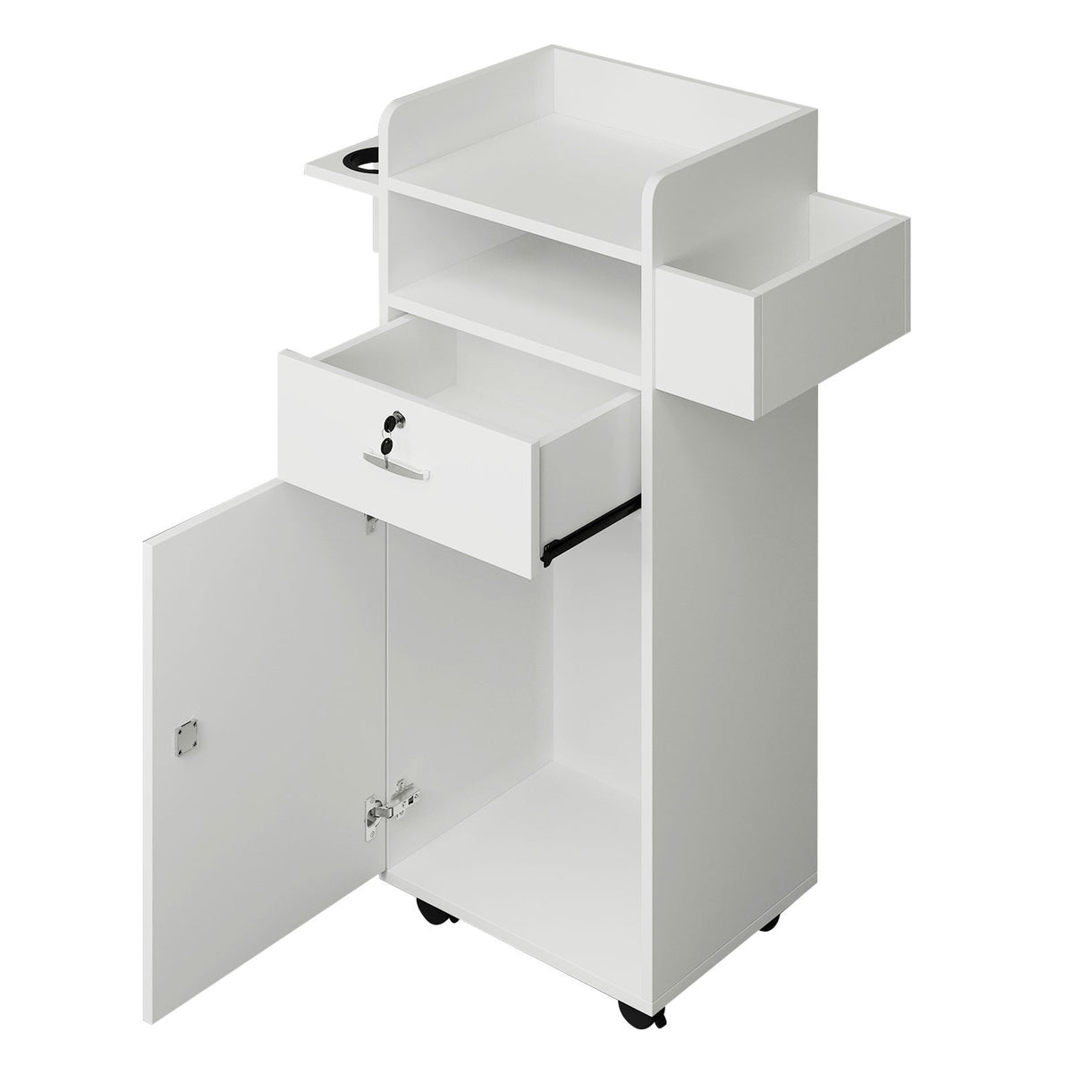 Rolling Hair Styling Station Barber Cabinet with Lockable Wheels and Storage