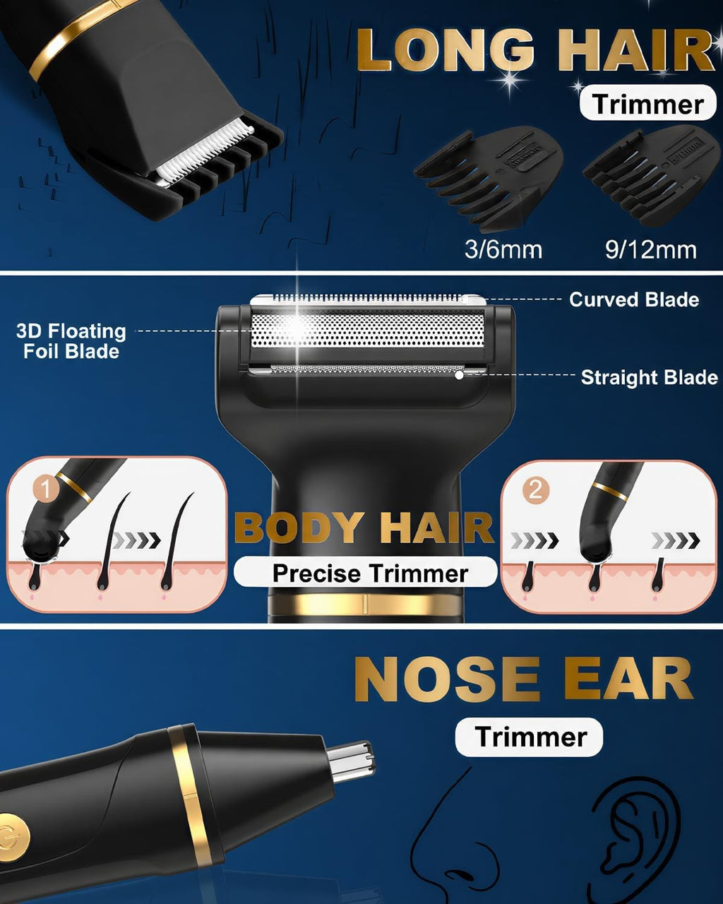 Men's 3-in-1 Waterproof Beard Trimmer & Body Groomer - USB Rechargeable