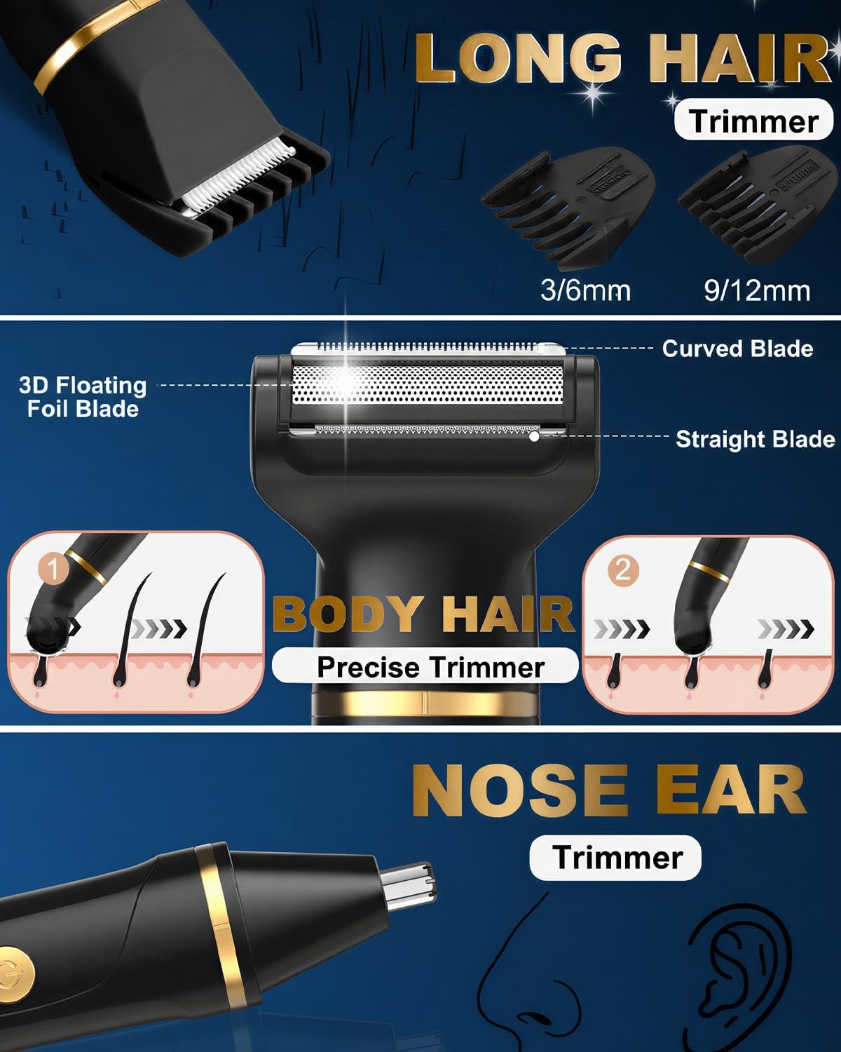 Men's 3-in-1 Waterproof Beard Trimmer & Body Groomer - USB Rechargeable