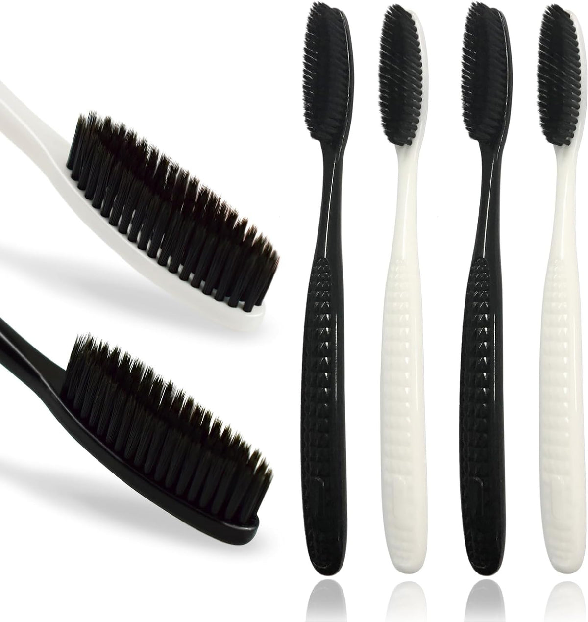 Large Long Head Toothbrush 4-Pack with Charcoal Bristles - Upgraded Firm Oral Care