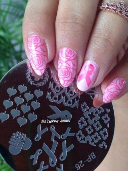 Nail Art Stamping Plate Breast Cancer Support Ribbon Design for Manicure