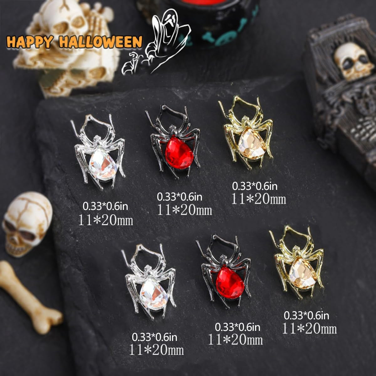 Halloween Nail Charms 15Pcs Metal Spider Rhinestones for Acrylic Nails