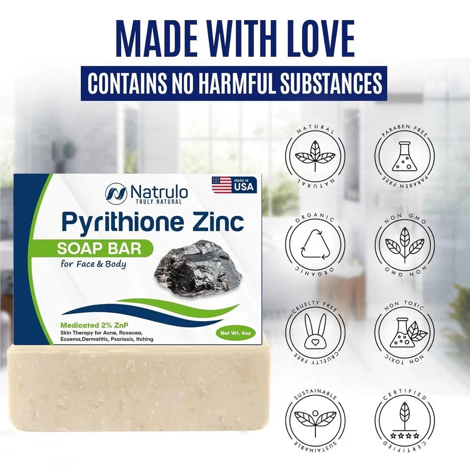 Medicated Pyrithione Zinc Soap Bar for Face & Body - 2% Zinc, 4oz