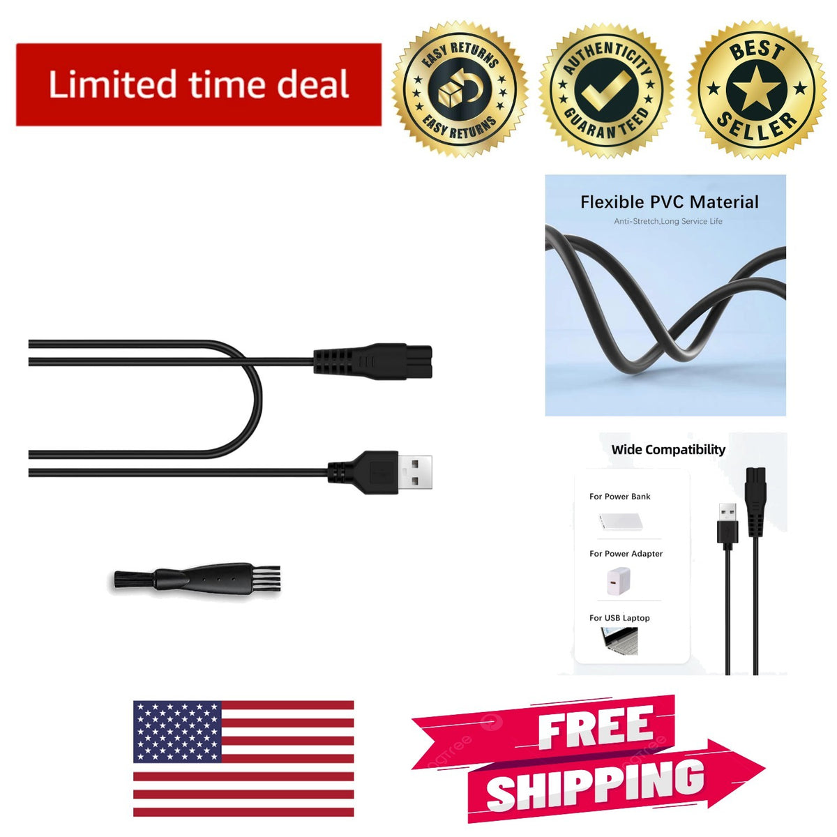 USB Charging Cable & Cleaning Brush for Manspot Trimmers - 3.3FT