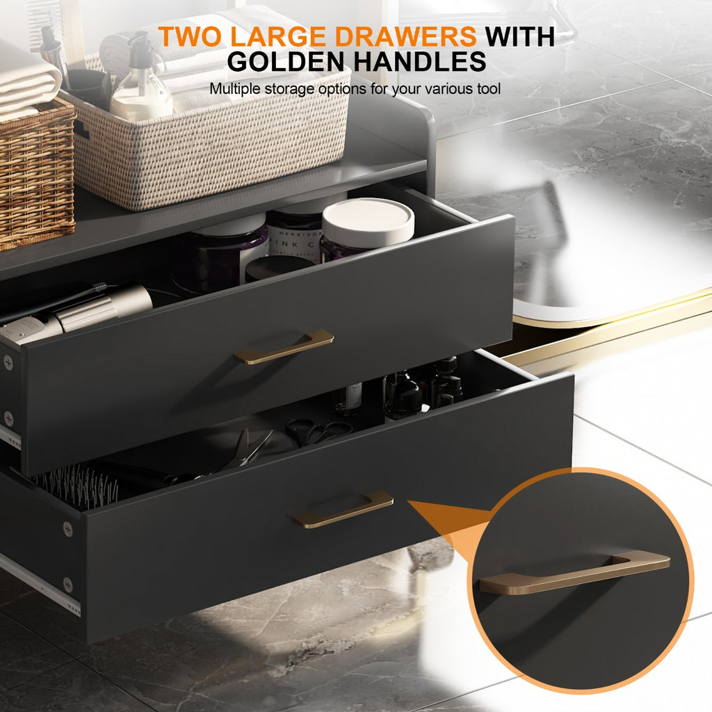 Salon Rolling Cart with Storage Drawers and Tool Holders - Black Metal Trolley