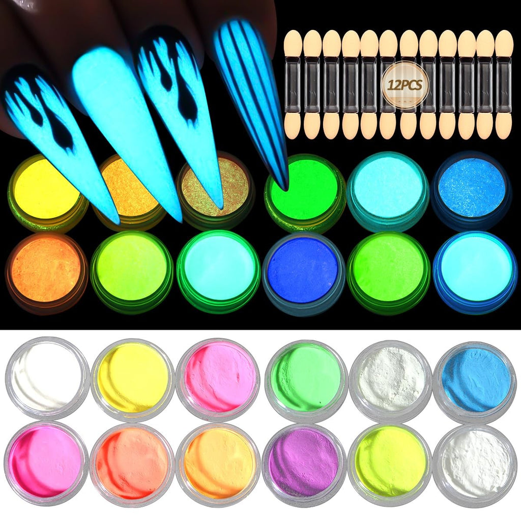 Glow in The Dark Pigment Powder for Nails and Art - 12 Colors Luminous Iridescent Acrylic Nail Powder