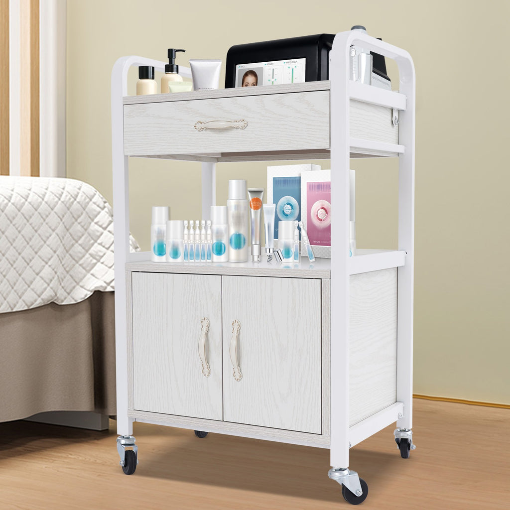 Salon Beauty Trolley Rolling Cart Storage Cabinet with Drawer - White