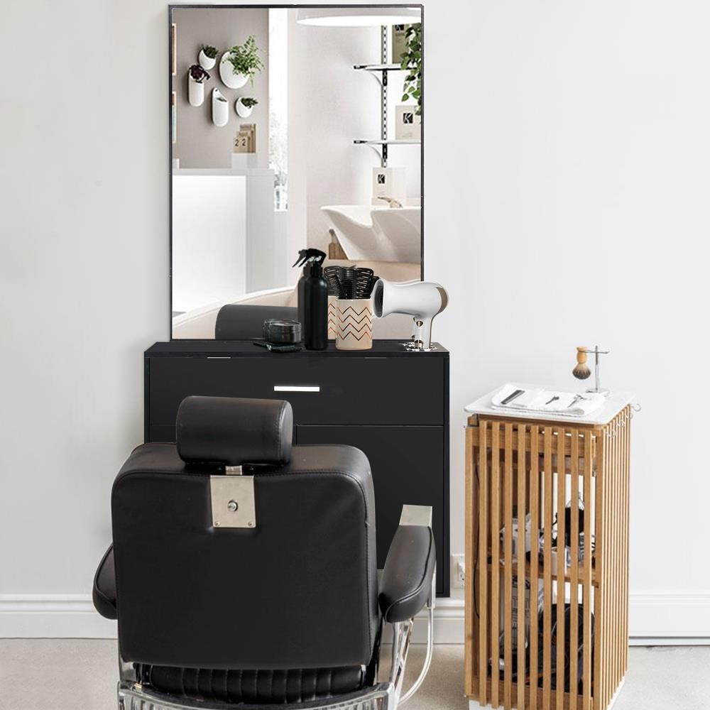 Wall Mount Salon Station with Mirror and Storage for Barber & Hair Styling