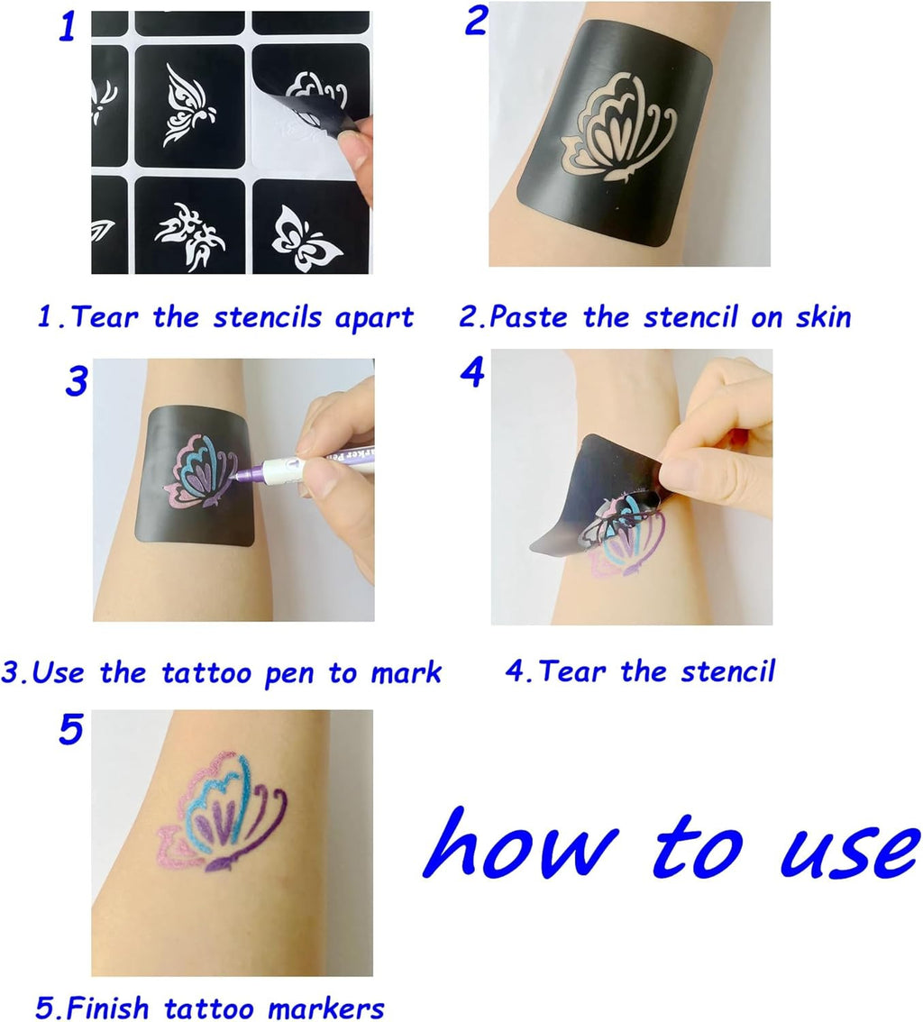 Temporary Tattoo Markers for Skin – 10 Count with 80 Large Stencils