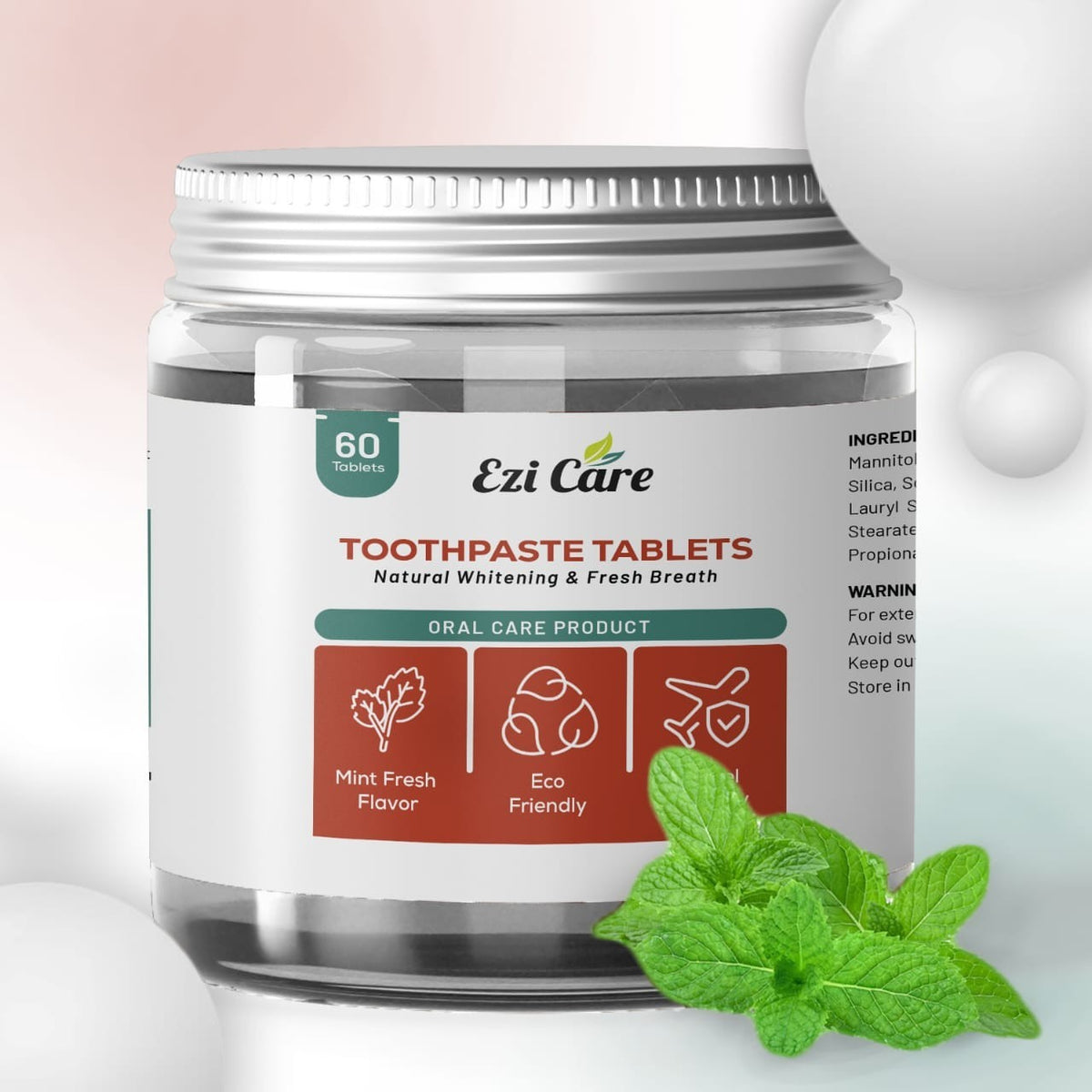 Toothpaste Tablets Natural Whitening Mint Fresh Breath Eco-Friendly 60 Count