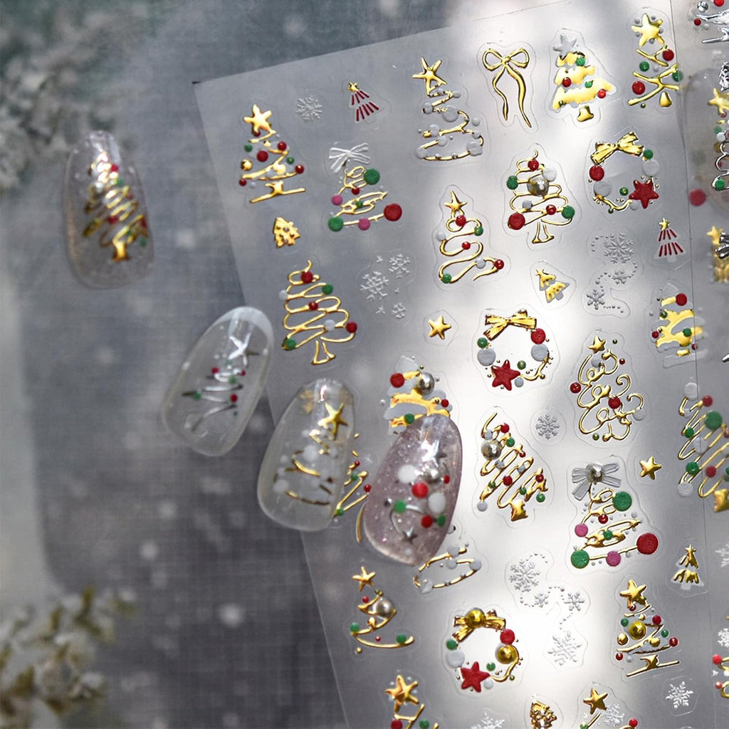 Christmas Tree Nail Stickers Gold Nail Art Decals with Pearls - Festive Holiday Manicure