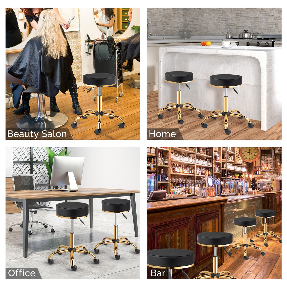 Adjustable Swivel Salon Stool with Wheels, Hydraulic Height - Black & Gold