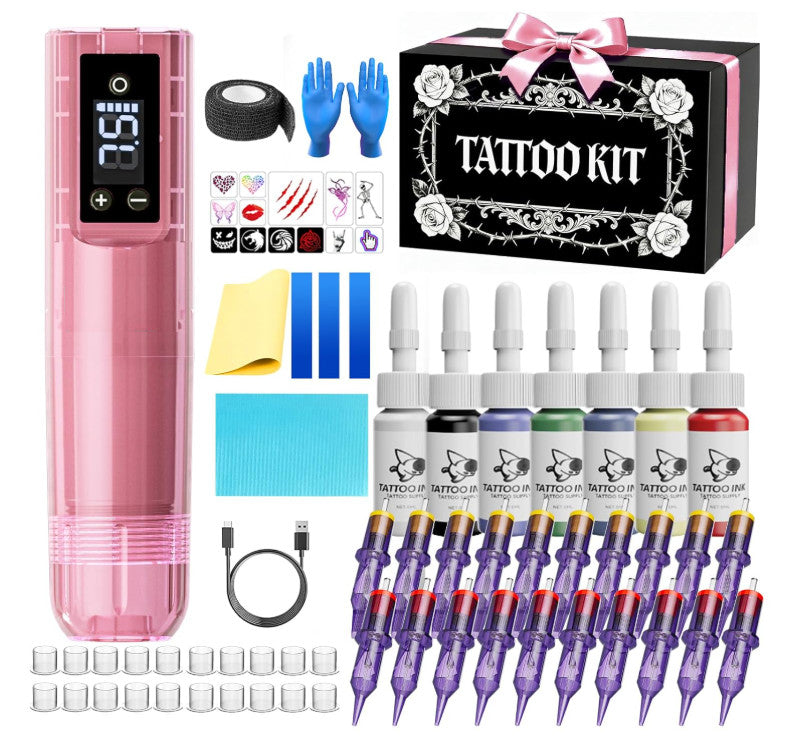 Wireless Tattoo Kit with 20 Cartridges and 7 Color Inks for Skin – Portable Wireless Tattoo Set