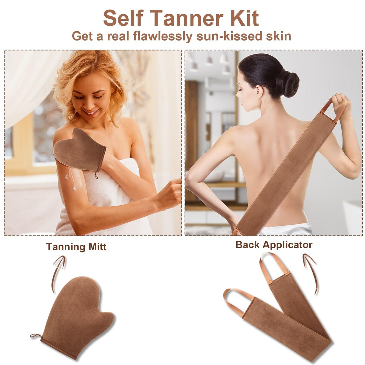 Self Tanning Mitt Set with Back Applicator - Double Sided Tan Mitt & Lotion Tool
