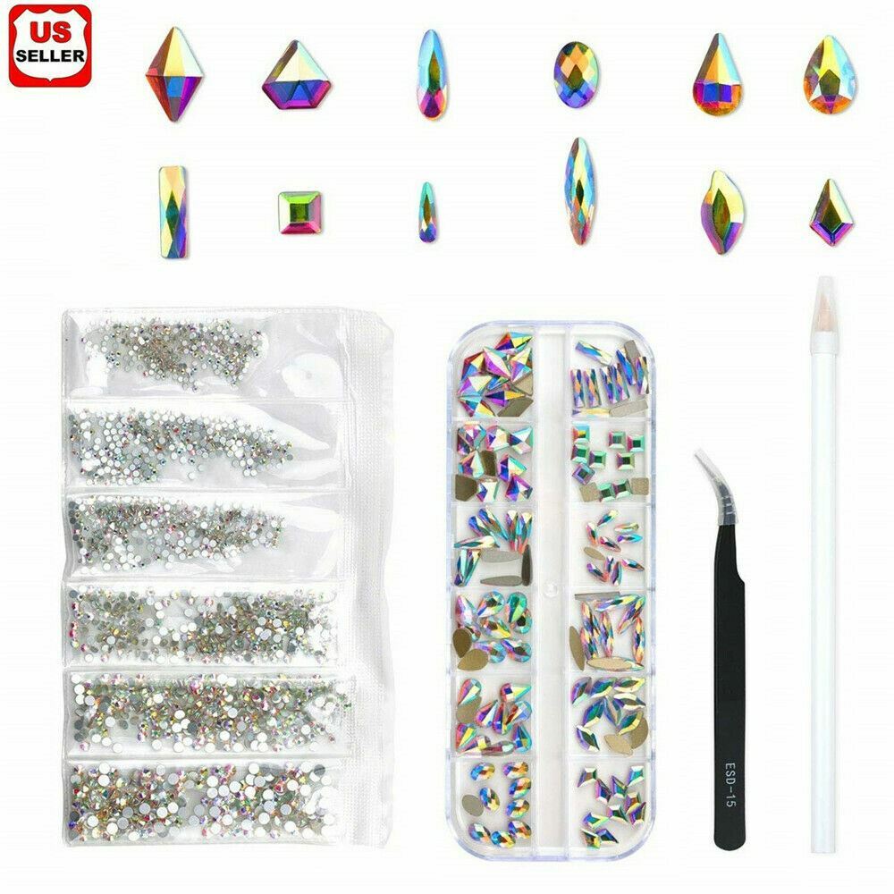 Assorted Rhinestones for Nail Art Crafts with Pickup Pen & Tweezers - 12 Styles