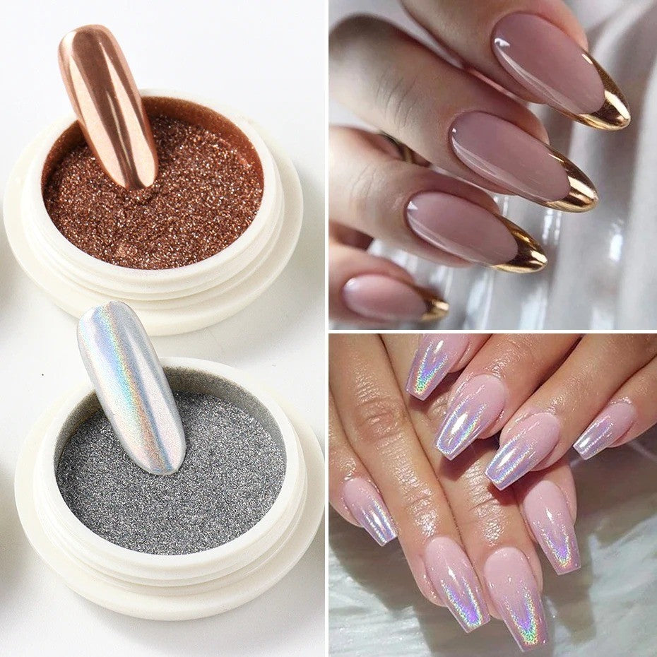 Mirror Chrome Nail Powder Set - Aurora & Holographic Metallic Finish, 6 Colors