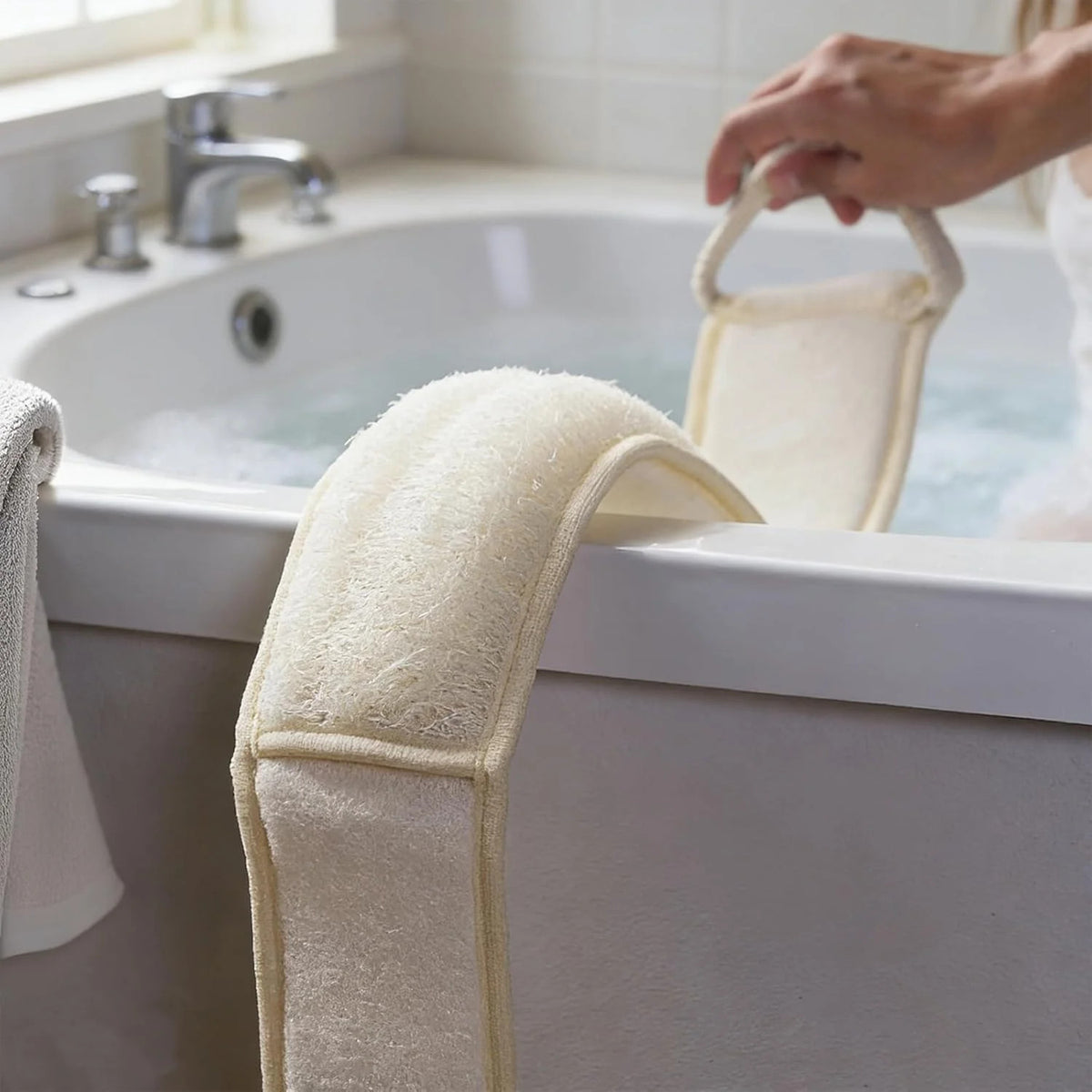 Long Natural Loofah Back Scrubber with Cotton Handles - Exfoliating Shower Body Wash