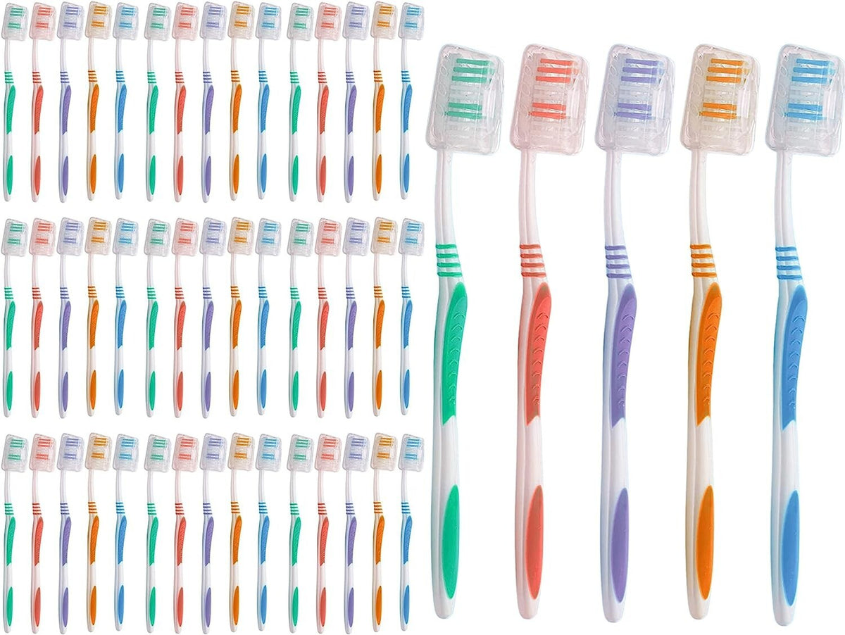 50 Pack Soft Medium Toothbrushes with Protective Covers - Individually Wrapped