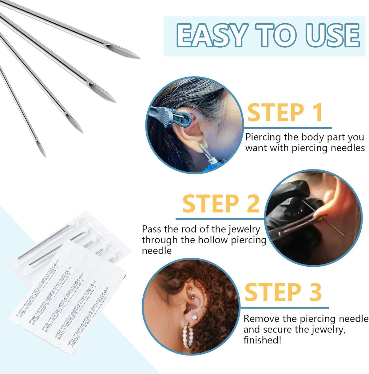 Professional Piercing Needles Kit 50Pcs 18G Stainless Steel for Body Jewelry