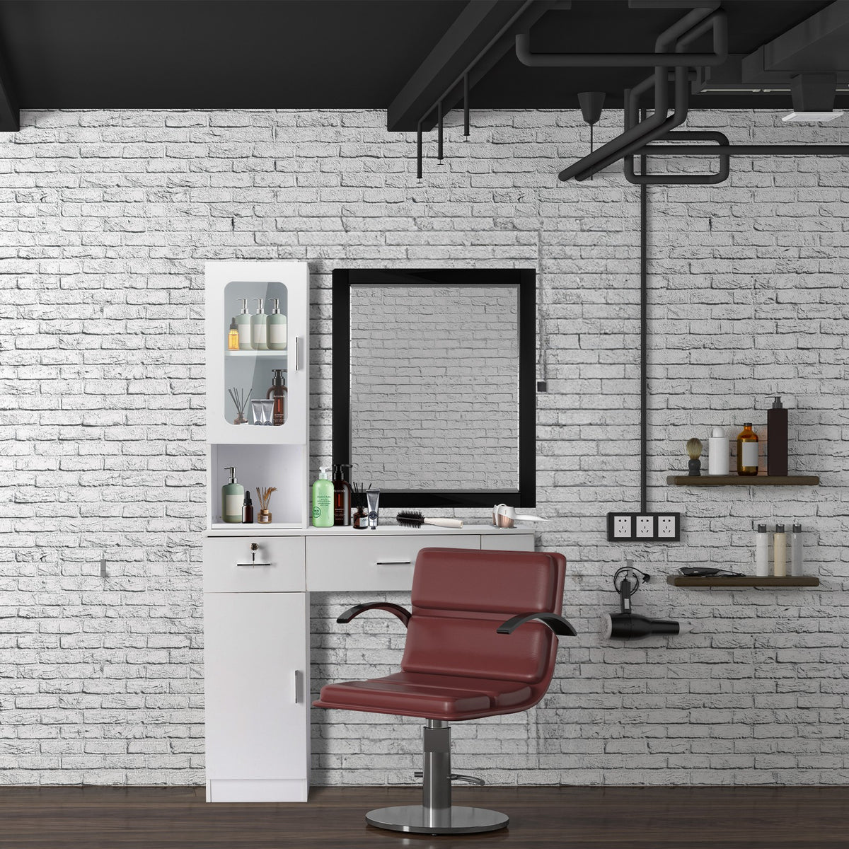 Salon Station Barber & Beauty Spa Storage Cabinet with Glass Door and Drawers