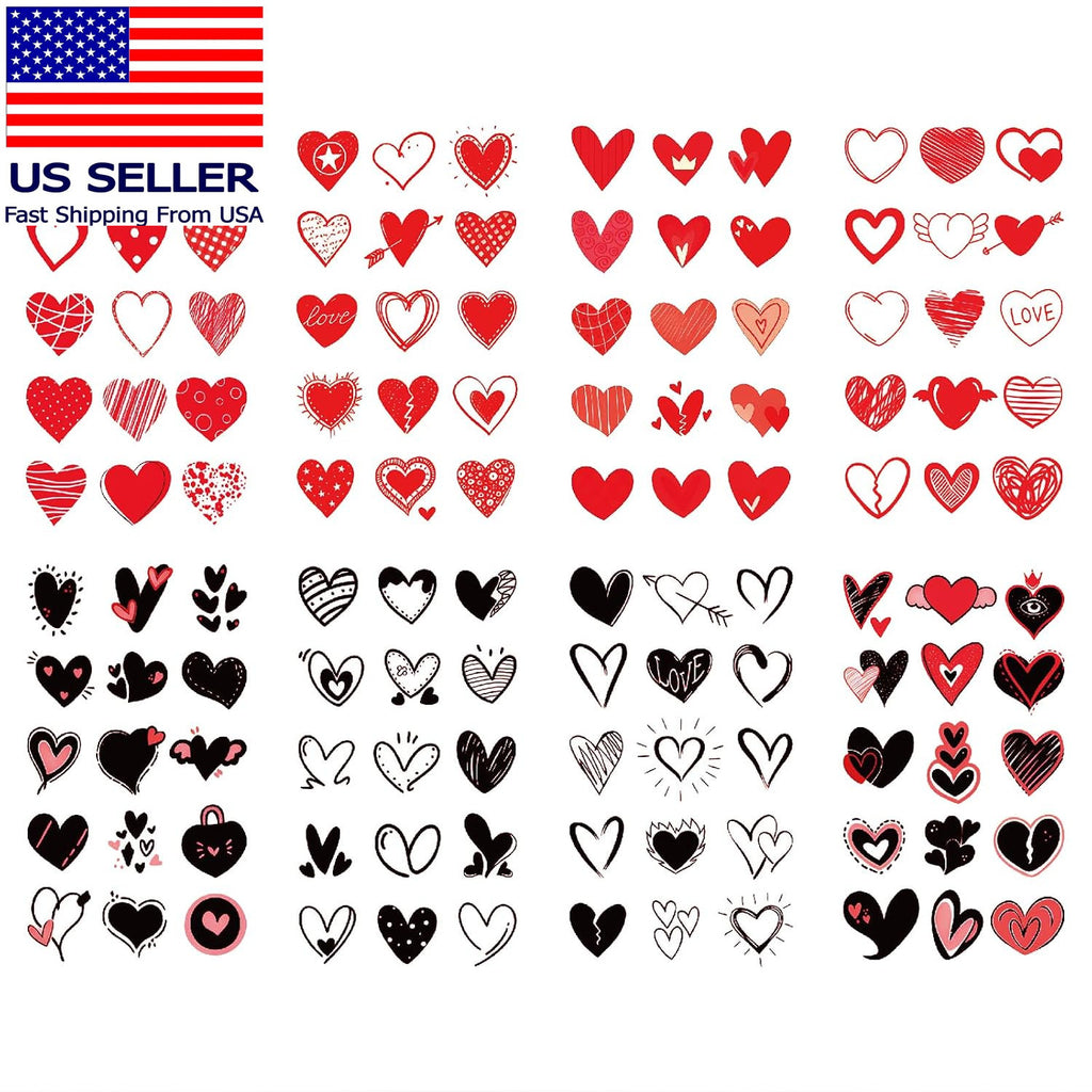 Temporary Tattoo 8-Sheet Set - Black Red Heart Design for Women