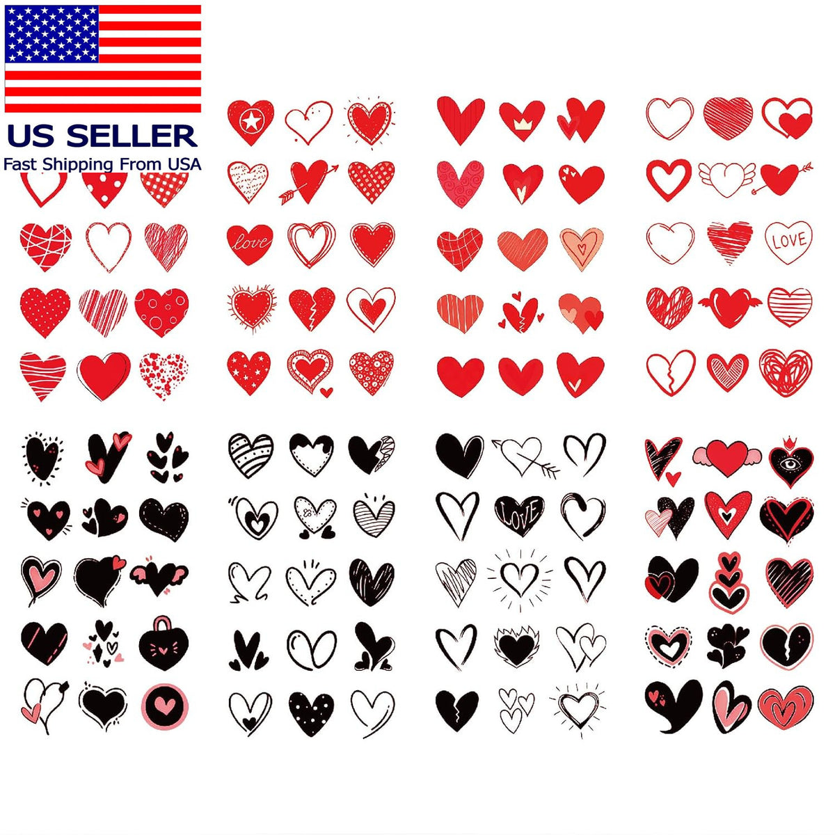 Temporary Tattoo 8-Sheet Set - Black Red Heart Design for Women