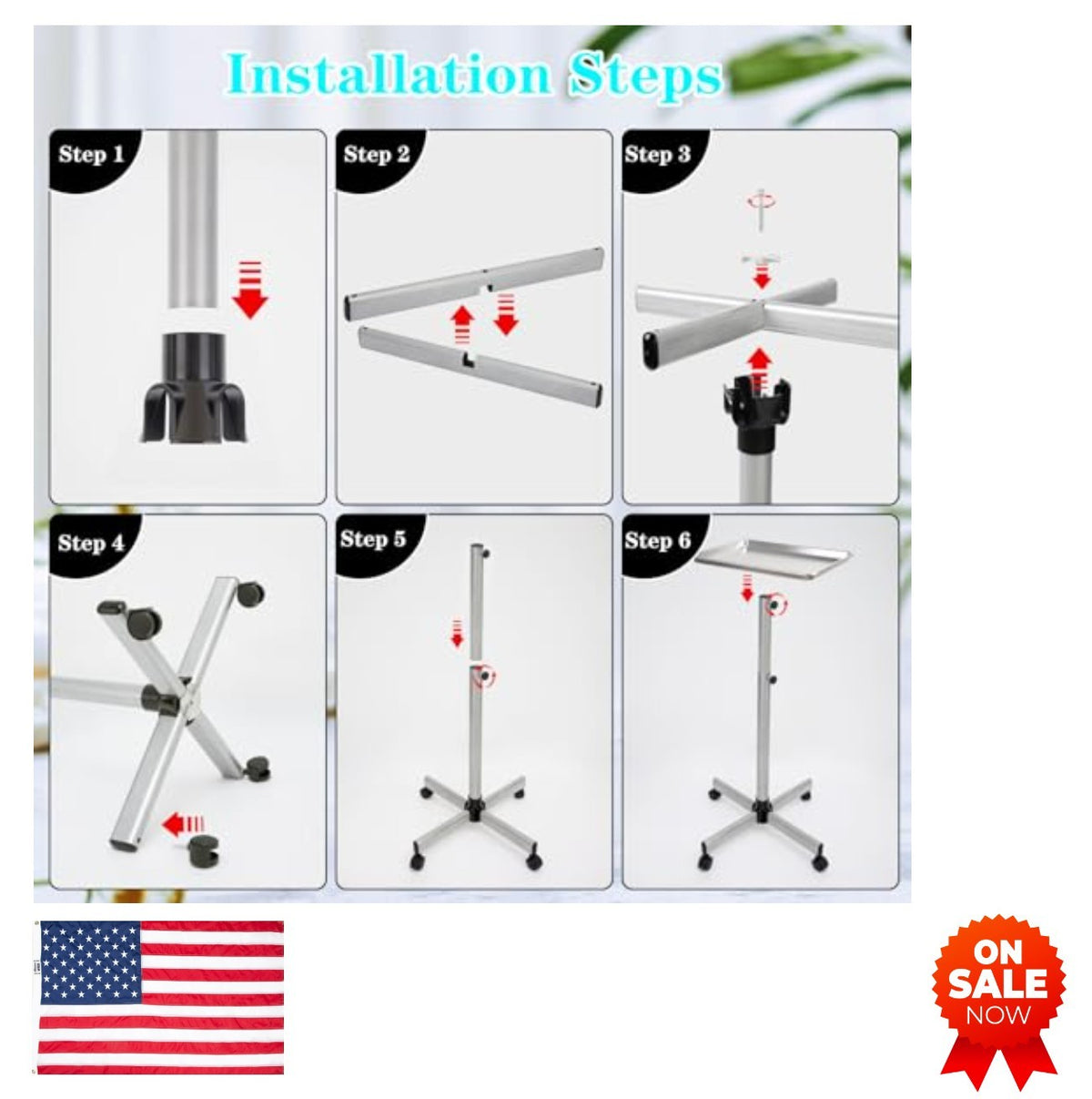 Adjustable Height Salon Tray Cart on Wheels - Metal Rolling Service Station