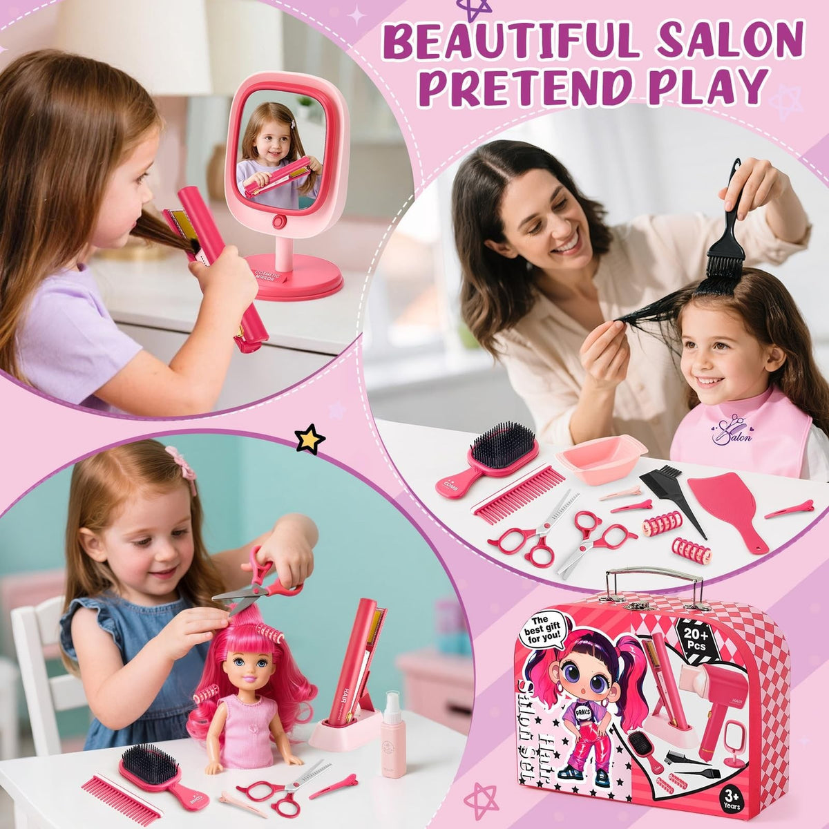 Kids Hair Salon Play Set with Carrying Case, Lights & Accessories for Girls