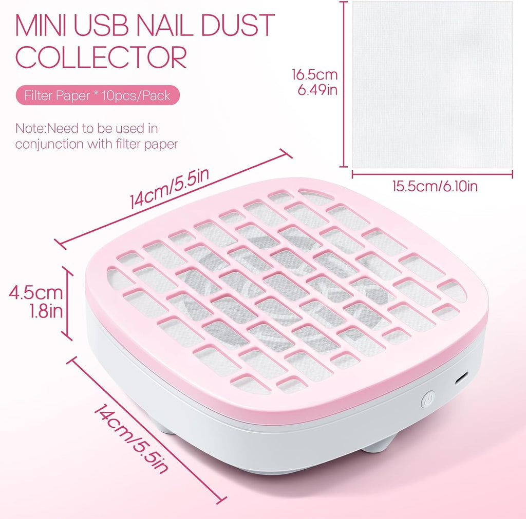 Pink Nail Dust Collector with 10 Filter Pads for Nail Art Beginners