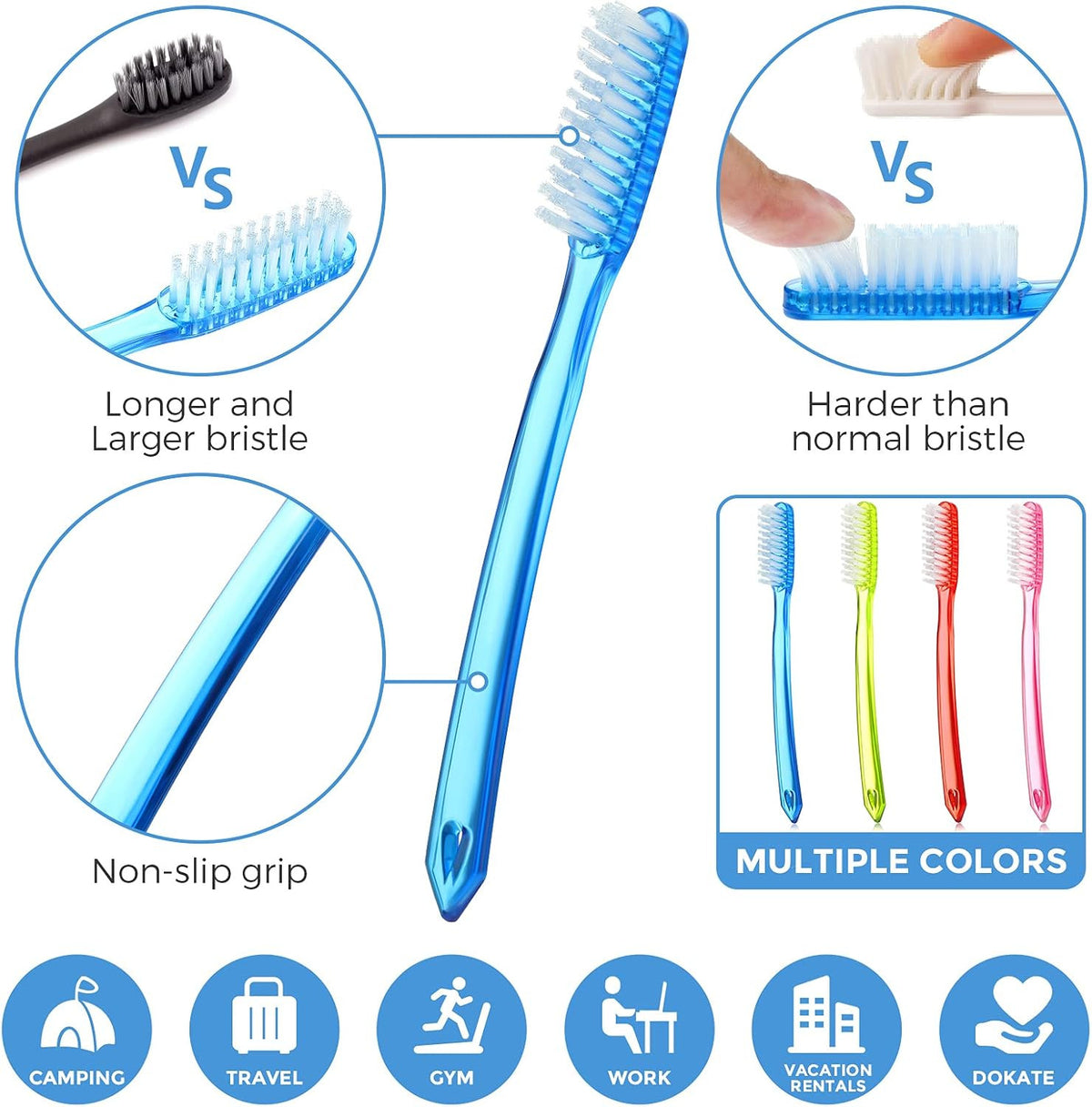 Extra Hard Adult Toothbrush Bulk Set with Long Bristles - Large Size, Firm Cleaning