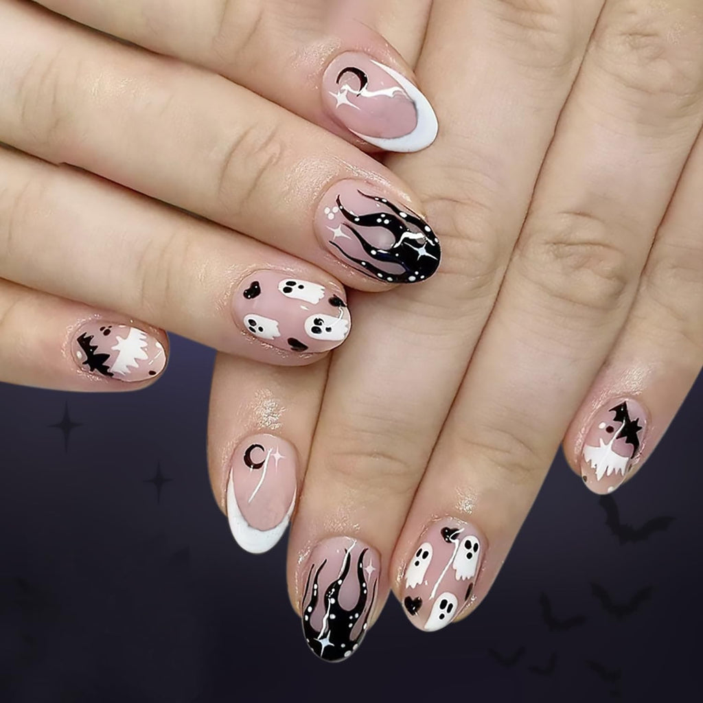 Halloween Short Oval Press On Nails with Ghost and Cat Designs - Reusable Fake Nails