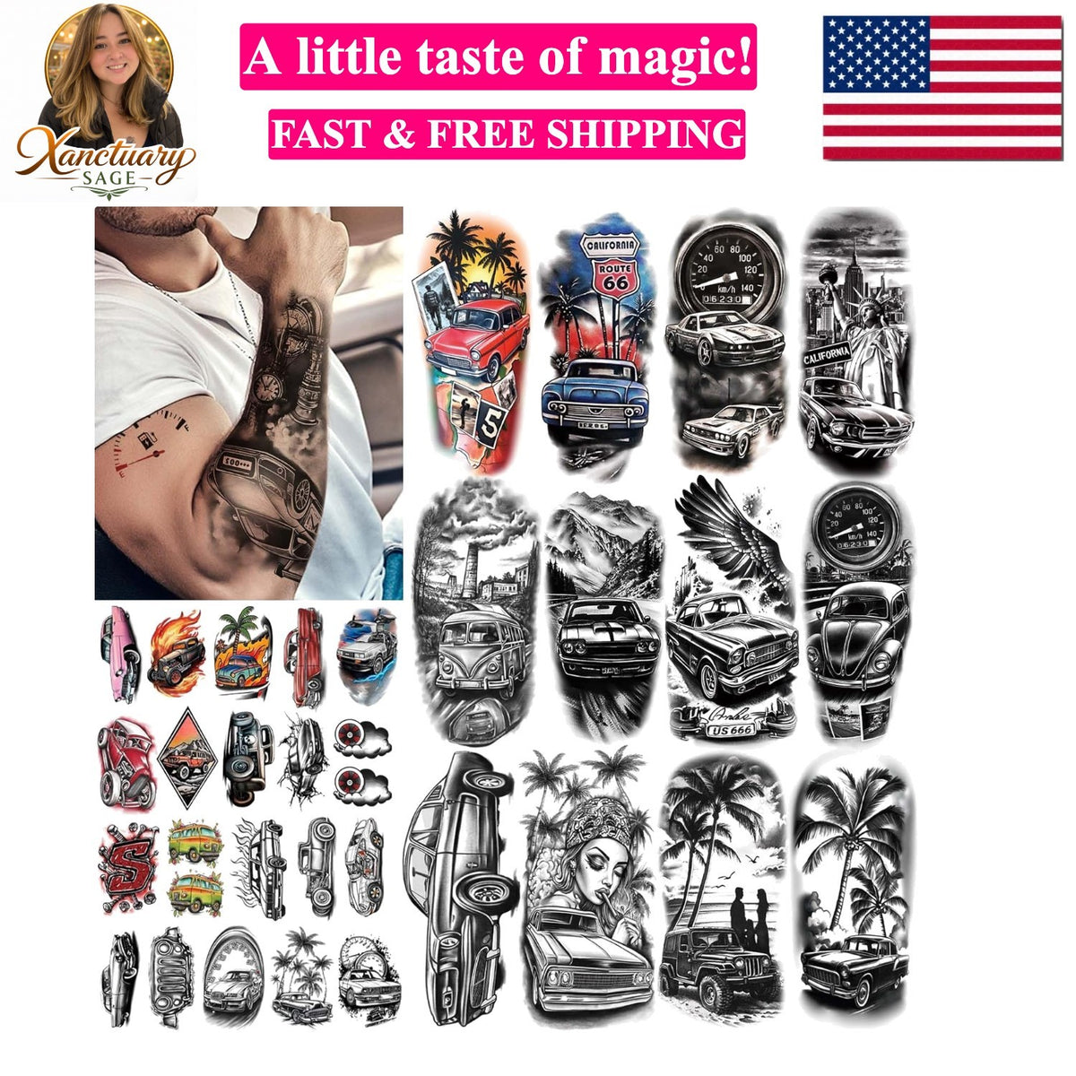 Temporary Tattoos, 77 Sheets Cars Theme Set for Adults & Kids - Water Resistant