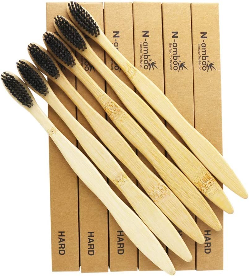 Eco-Friendly Bamboo Toothbrush with Super Hard Bristles - Pack of 6, Light Brown