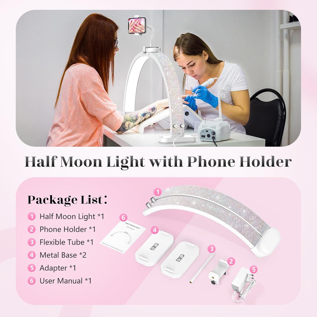 30-Inch LED Half Moon Nail Desk Light with Phone Holder - Professional Manicure Lamp