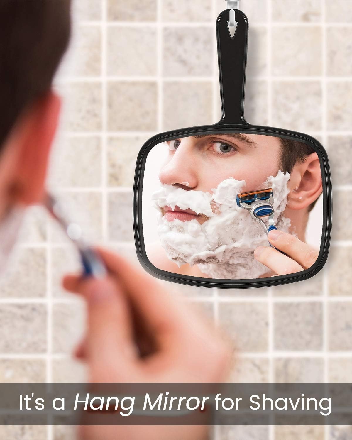 Hand Mirror with Large Reflection Surface for Hairdressing and Personal Use — Black, 10.3L x 7.4W