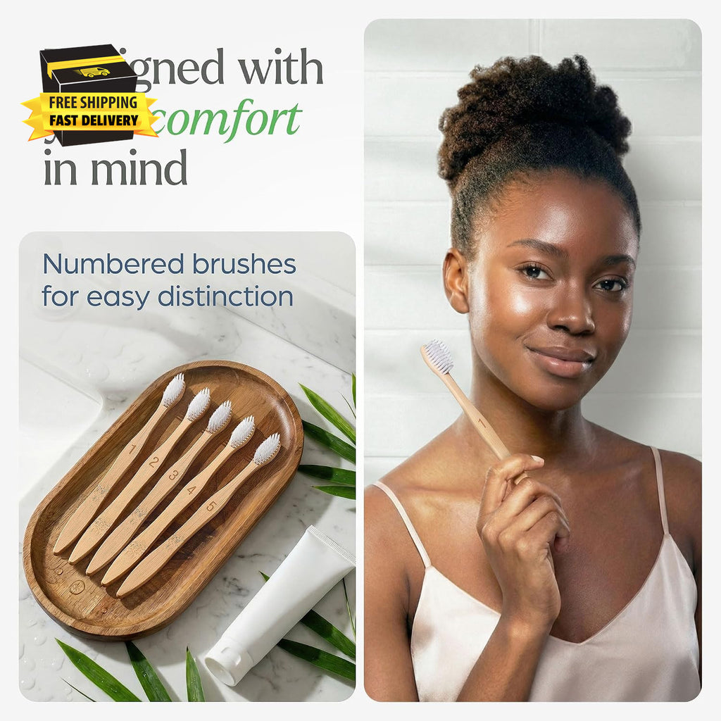 Extra Soft Adult Toothbrushes 10-Pack with Bamboo Handles & Flossing Effect