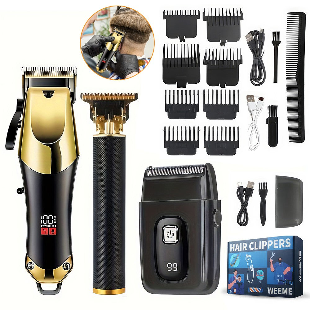 Men's Cordless Hair Cutting & Beard Trimmer Set with LED Display, 3-Piece Grooming Kit