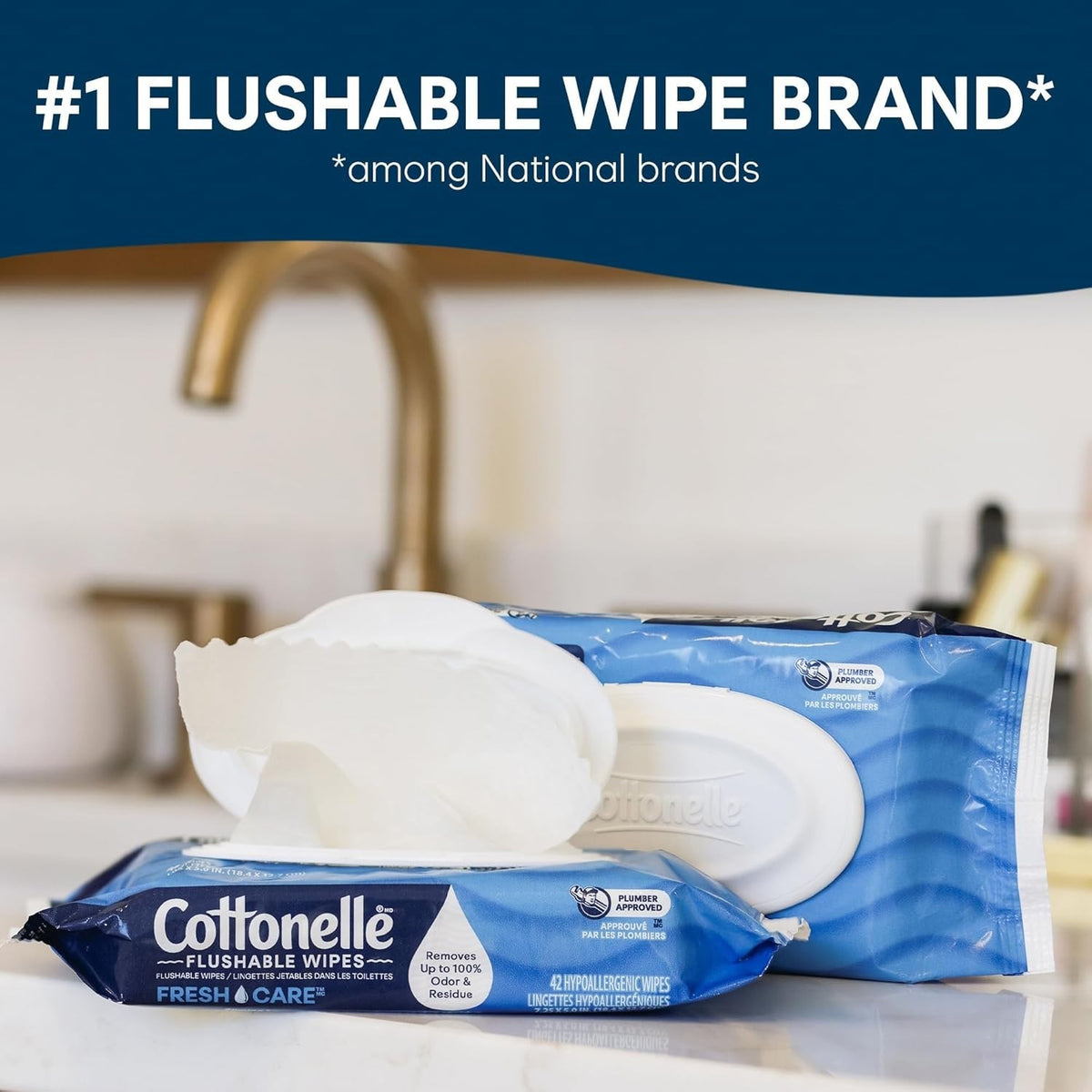 Adult Flushable Wet Wipes - 4 Flip-Top Packs, Gentle & Odor-Removing