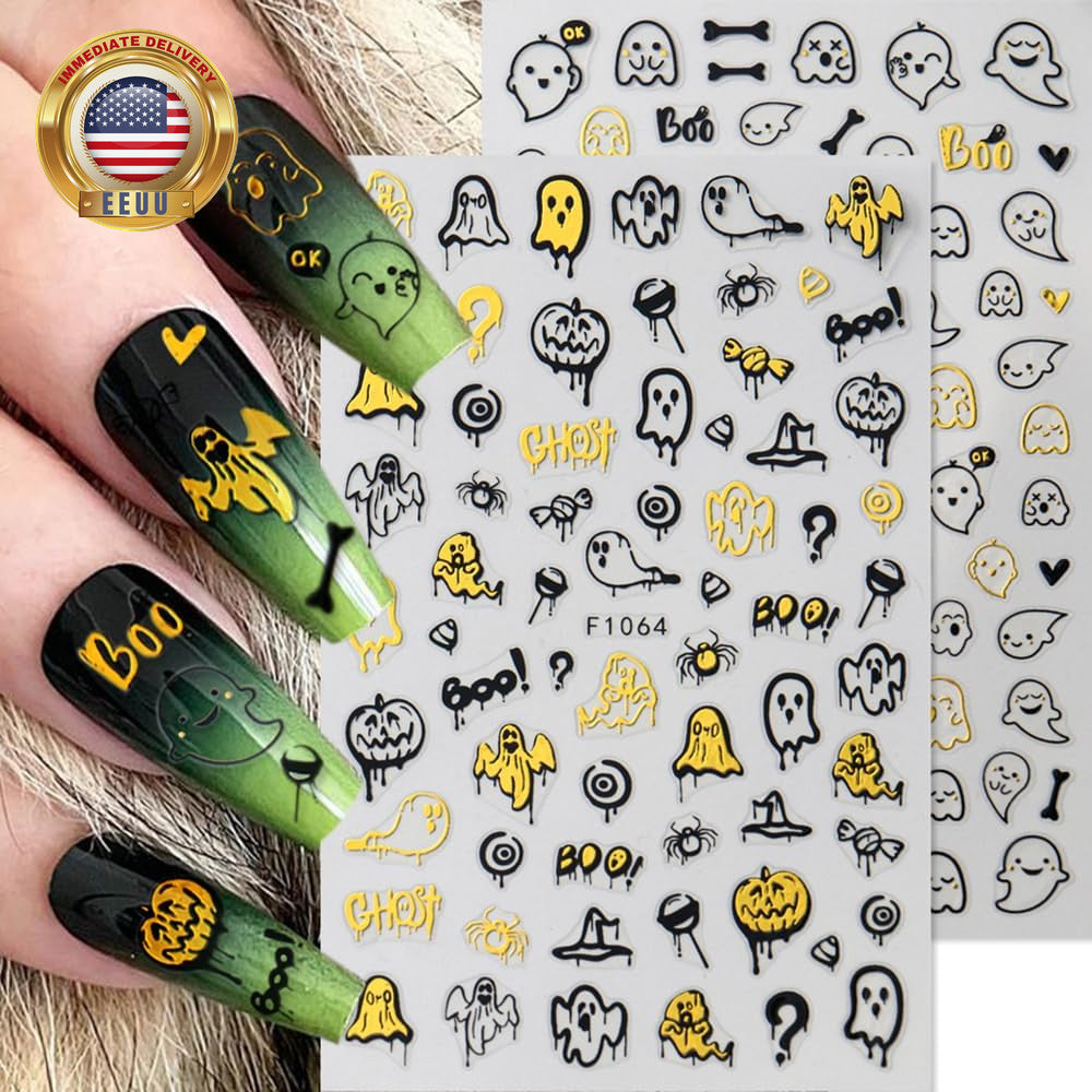 Halloween Ghost Nail Stickers - 3D Self-Adhesive Gold & Black Decals for Nail Art