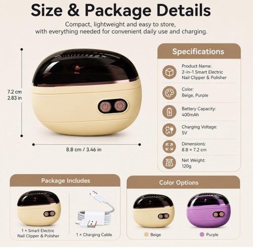 2-in-1 Rechargeable Electric Nail Clipper & Polisher with LED Light, Portable