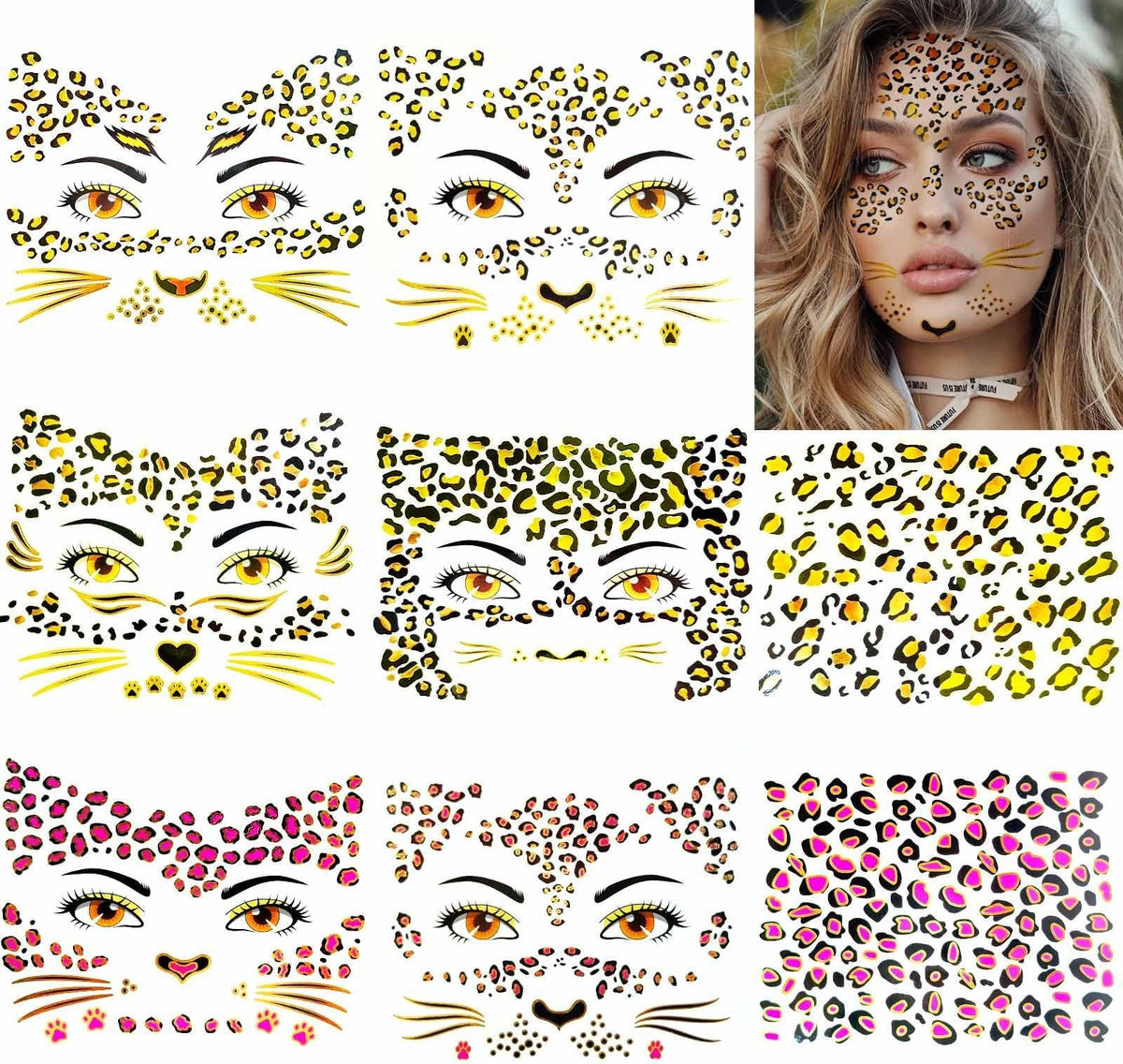 Gold Glitter Leopard Face Temporary Tattoos – 8 Sheets, Waterproof, Safe Edgy Halloween Stickers