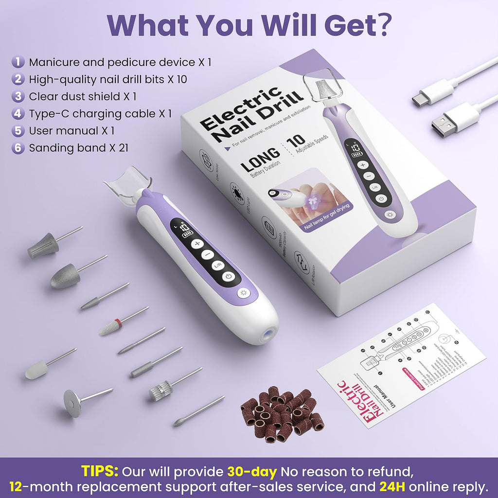 Cordless Electric Nail Drill Kit for Manicure Pedicure Thick Toenails 10-Speed