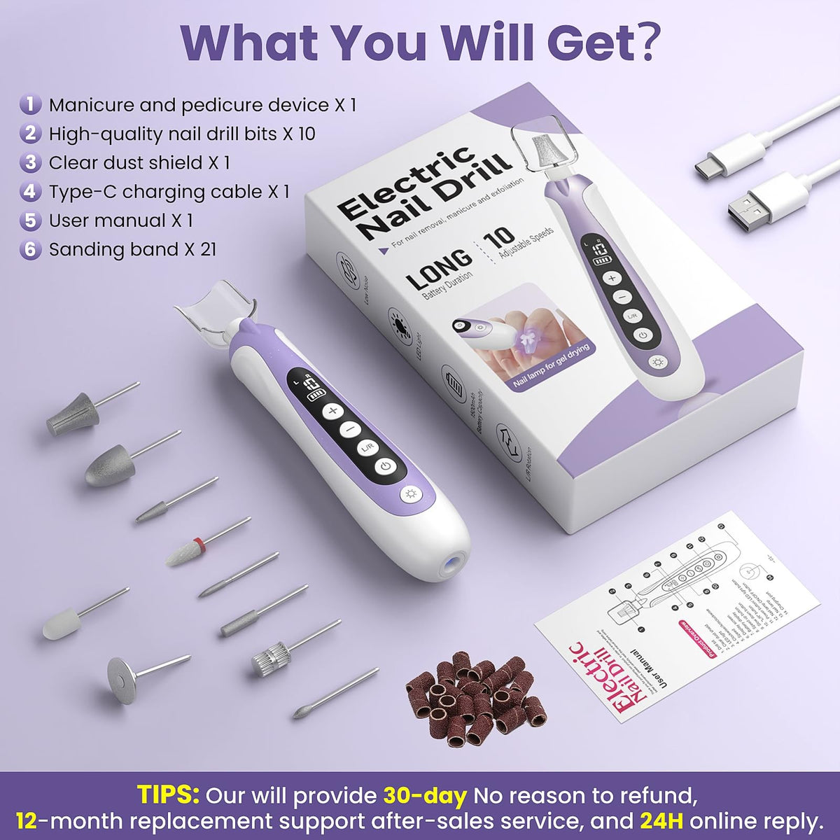 Cordless Electric Nail Drill Kit for Manicure Pedicure Thick Toenails 10-Speed
