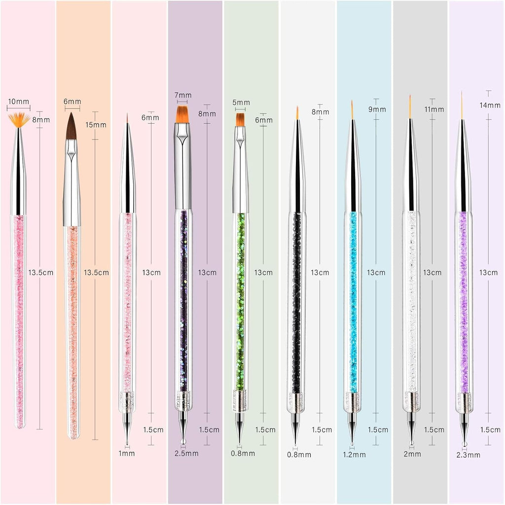 Nail Art Brush Set with 9 Double-Ended Acrylic & Nylon Brushes for Manicure Decorating