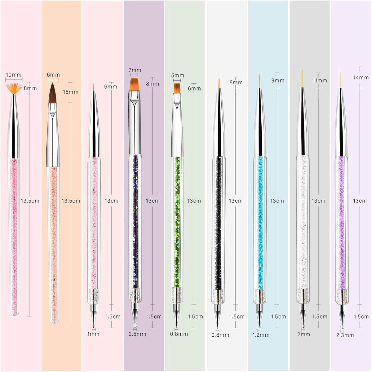 Nail Art Brush Set with 9 Double-Ended Acrylic & Nylon Brushes for Manicure Decorating