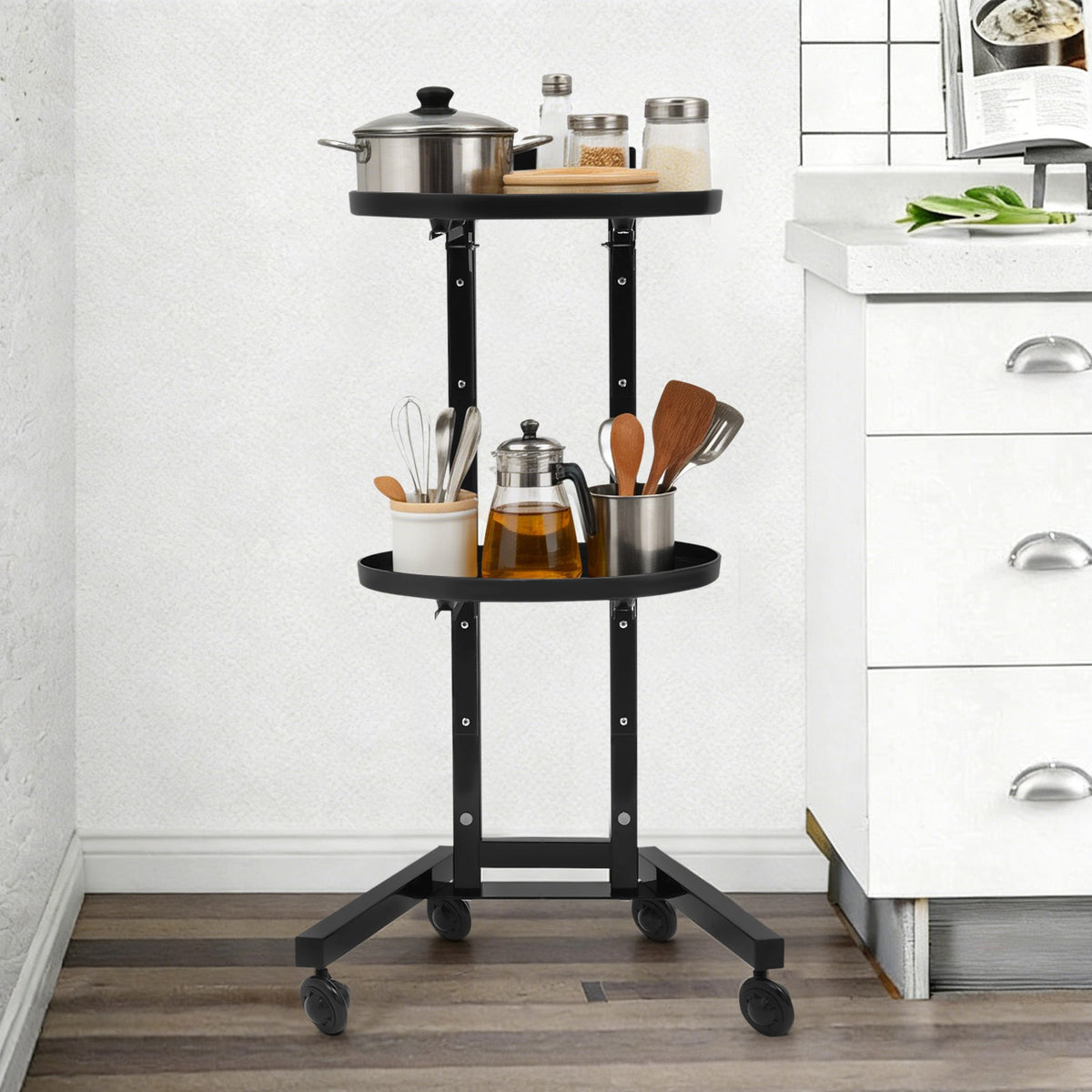 Movable Adjustable Salon Trolley Station with 2 Tiers and Wheels for Hairdressing Tools
