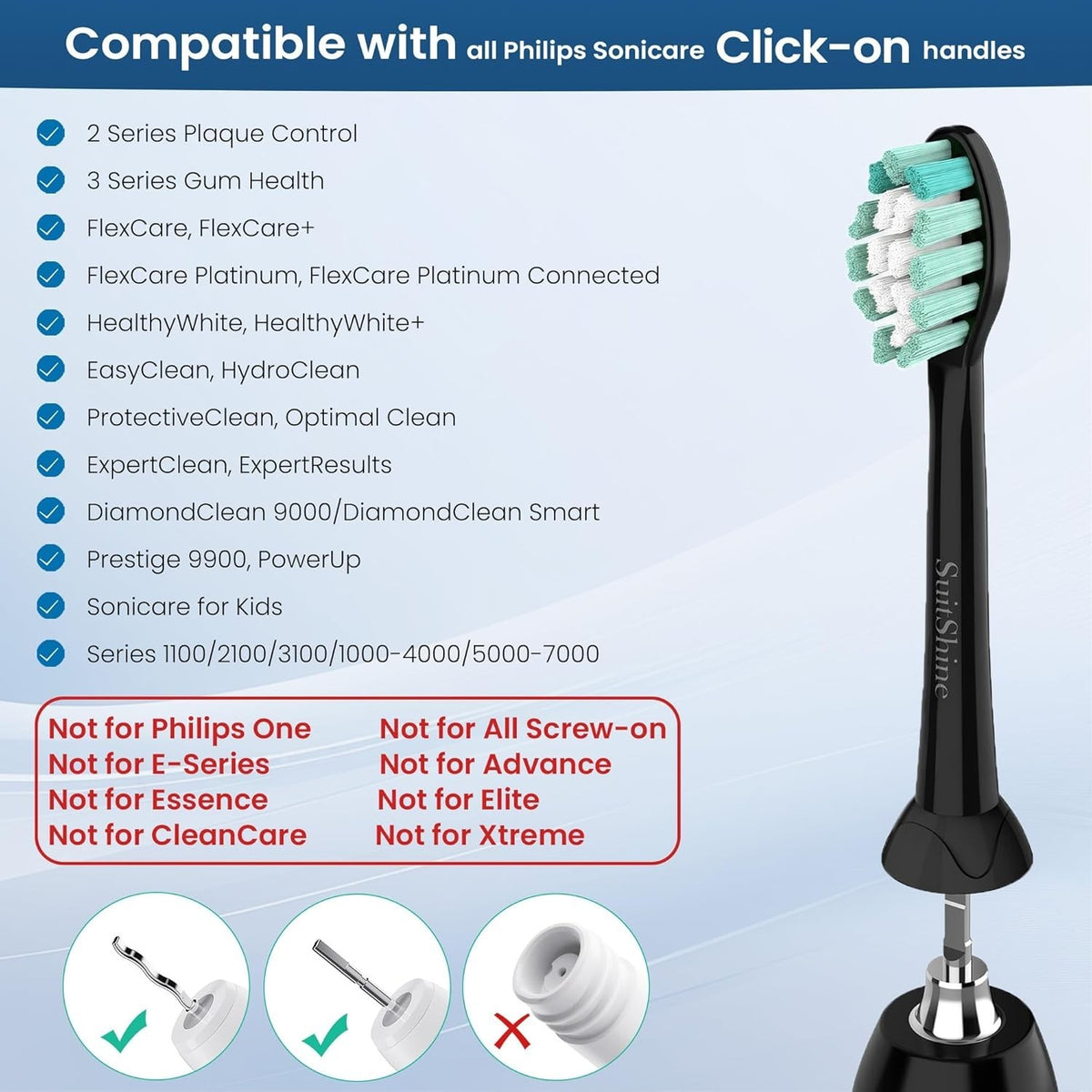 Black Replacement Toothbrush Heads for Philips Sonicare Click-On - 8 Pack